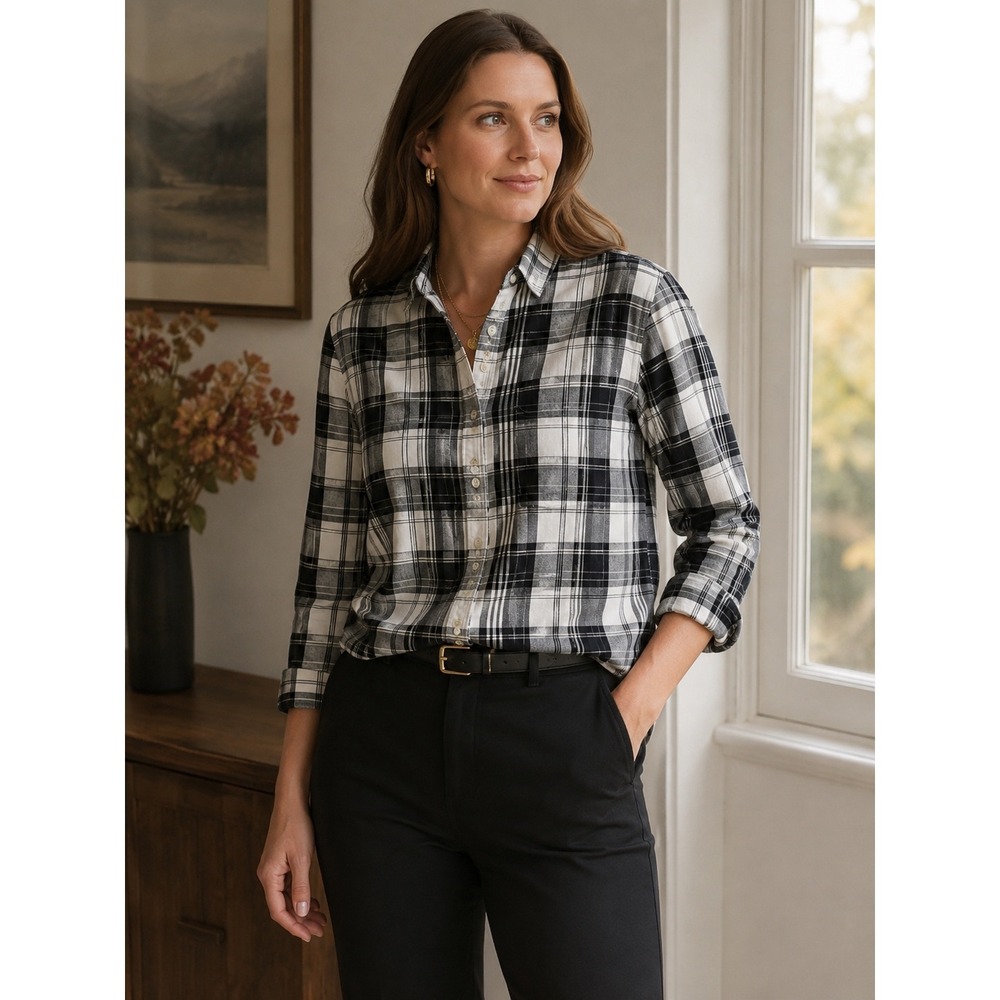 Lauren Ralph Lauren Plaid Button Down Women M Black White Excellent Roll Tab